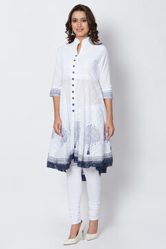 White And Blue Cotton Asymmetric Kurta Churidar Suit Set image number 3