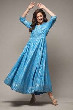Turquoise Cotton Straight Printed Dress image number 0