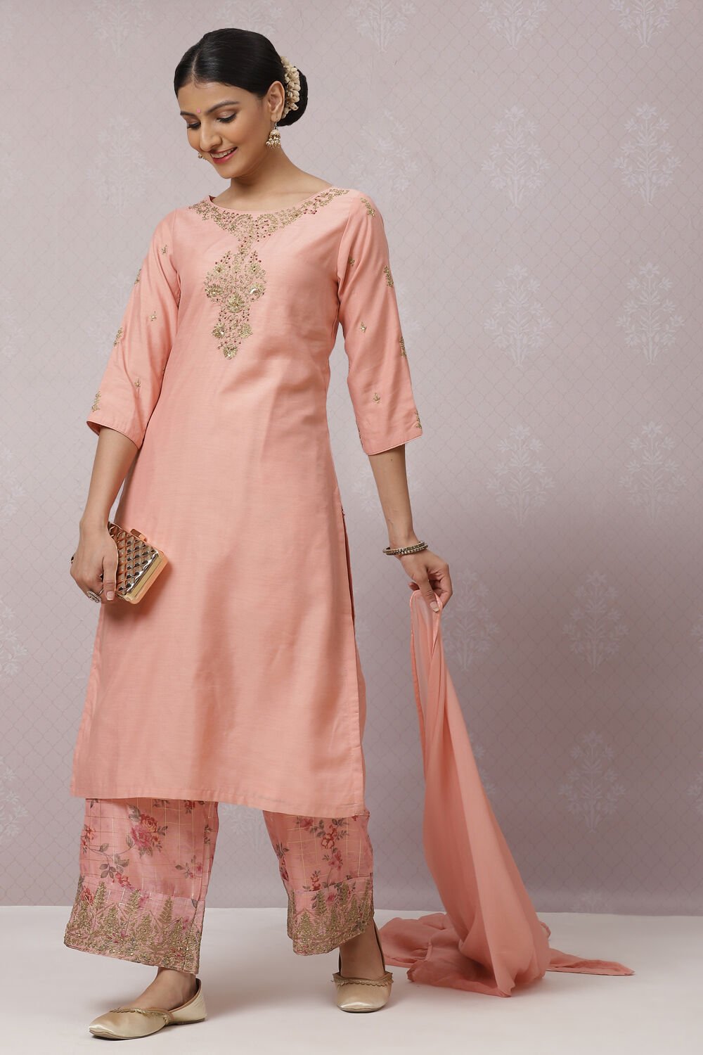 Peach Art Silk Straight Kurta Palazzo Suit Set