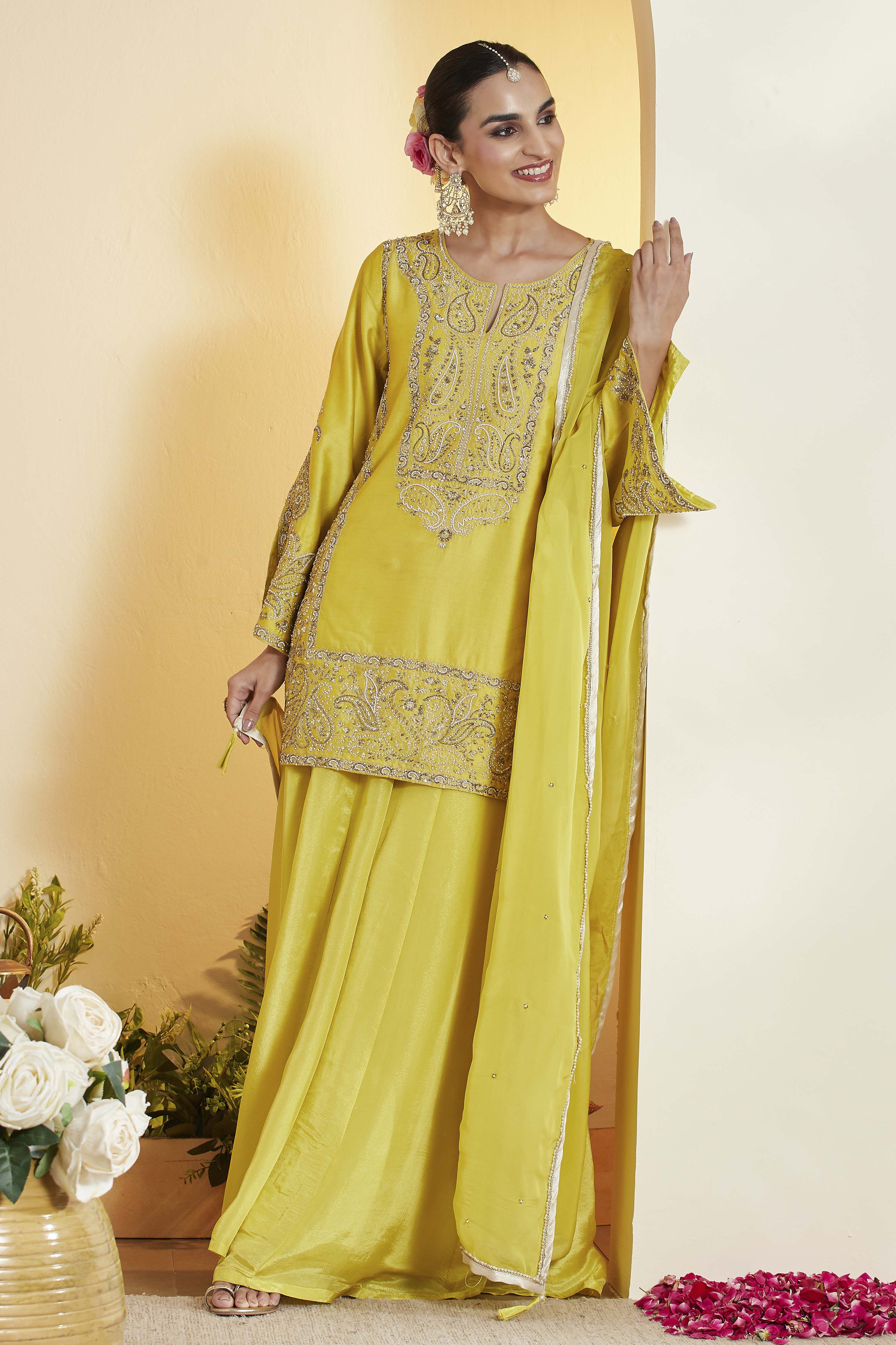 Lime Green Cotton Silk Embroidery Suit Set image number 0