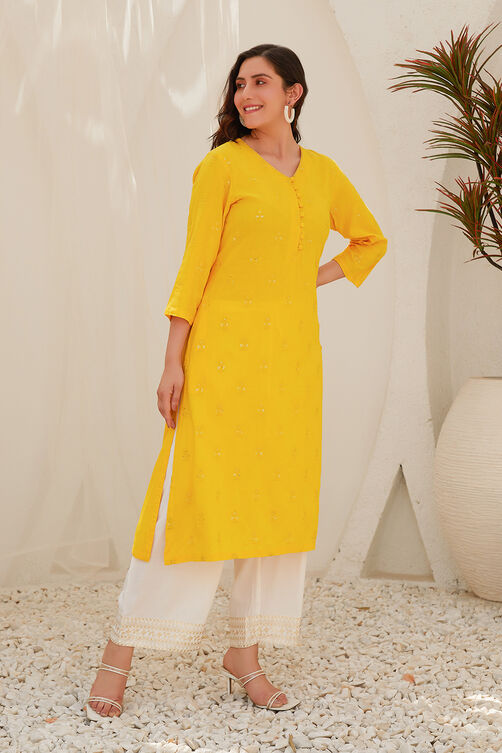 Yellow Rayon Straight Kurta image number 4