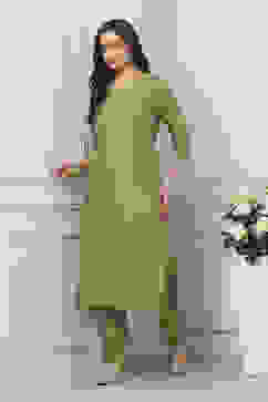 Sap Green Embroidered Straight Kurta Set image number 7