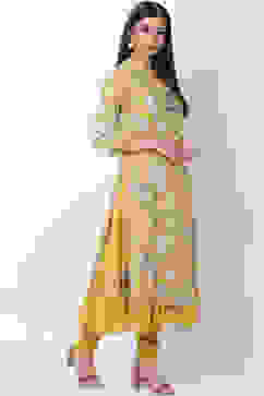 Yellow Cotton Flared Kurta Churidar Suit Set image number 3