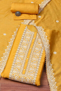 Yellow Chanderi Hand Embroidered Unstitched Suit Set image number 0