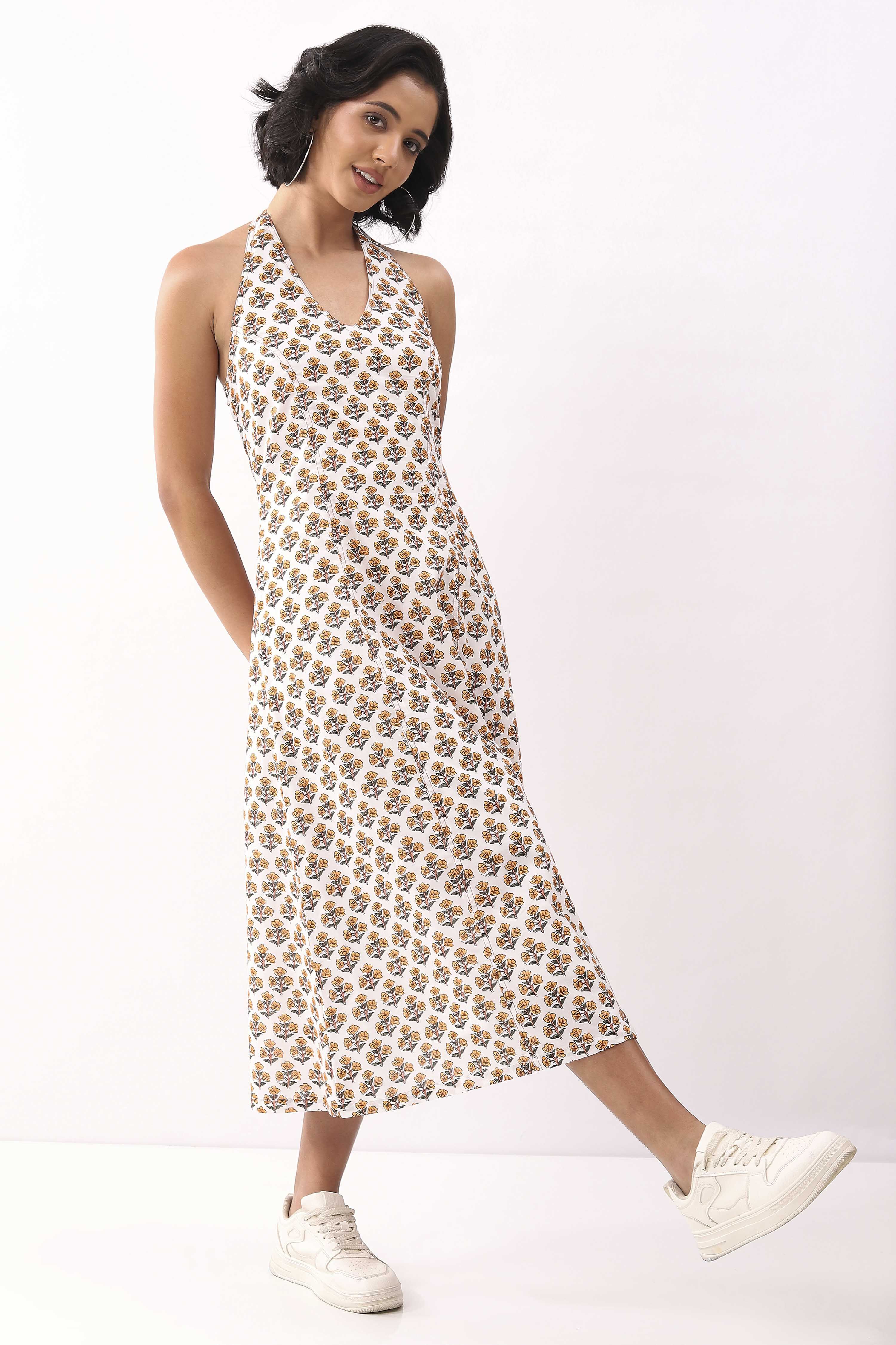Ivory Cotton Printed A Line Dress image number 7