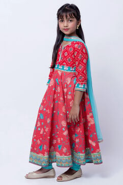 Red And Turquoise Cotton Anarkali Kurta Churidar Suit Set image number 2