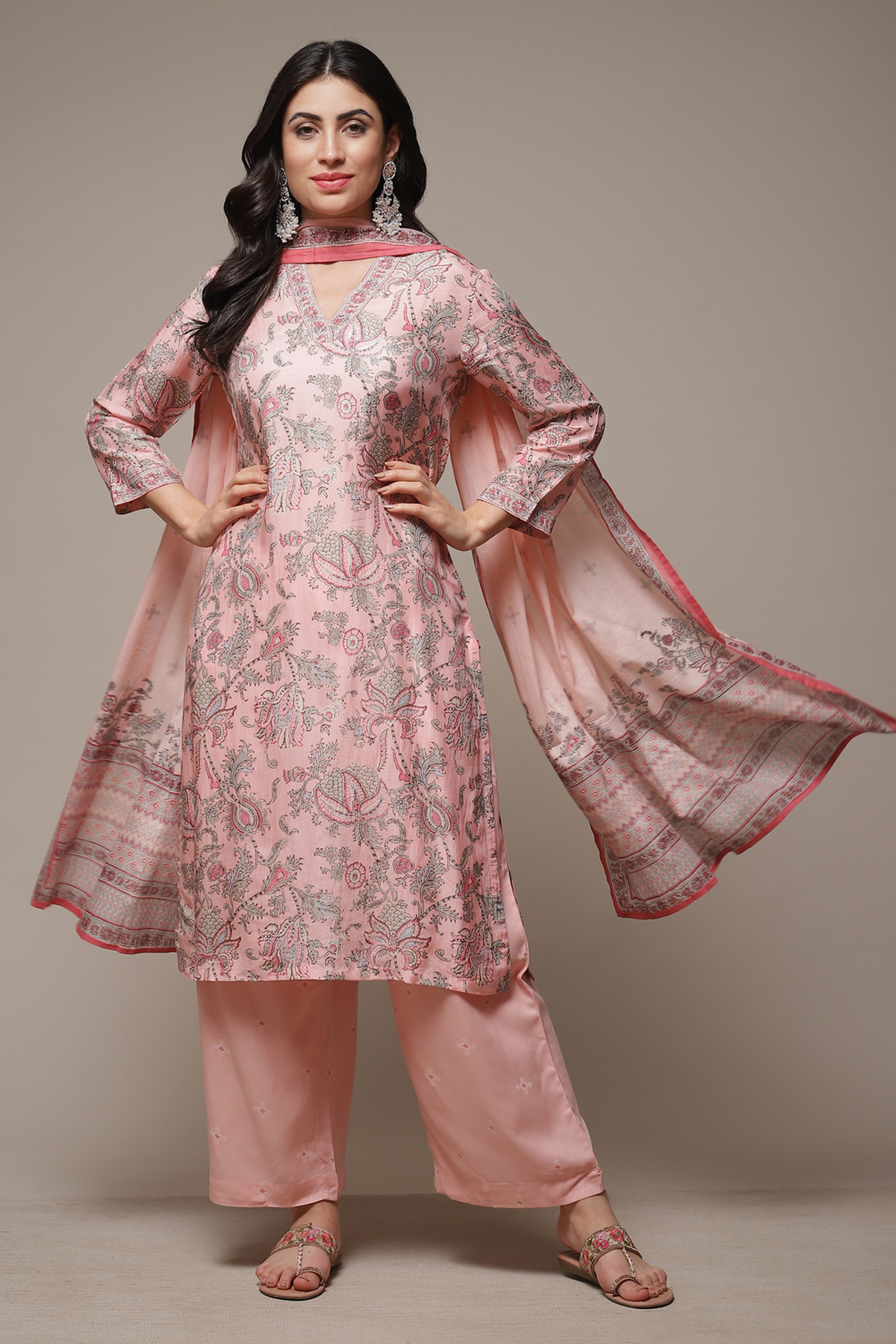 Pink Printed Rayon Kurta & Palazzo Suit Set