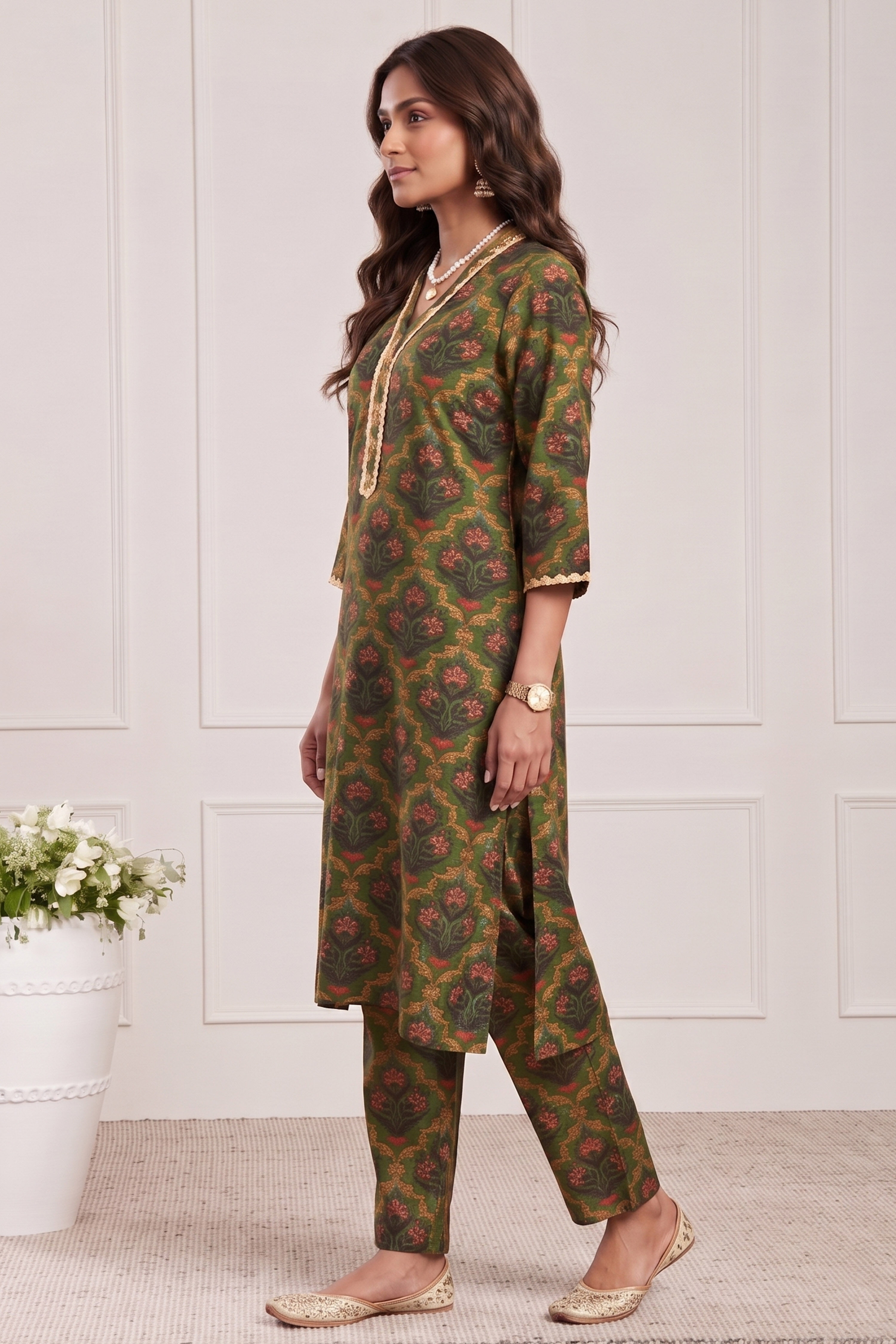 Green Poly Viscose Straight Kurta Pants Set image number 3