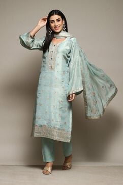 Turquoise Banarasi Silk Digital Print Unstitched Suit Set image number 1