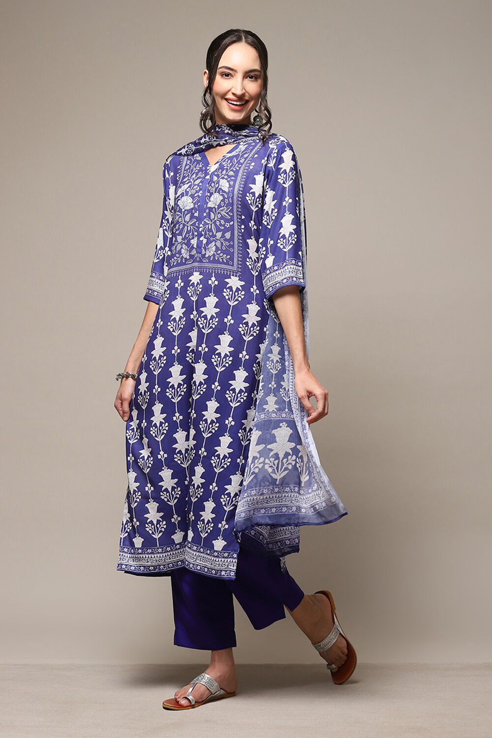 Indigo Chanderi Silk Unstitched Suit Set image number 6