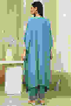 Teal Blue Solid Kaftan-Style Kurta Set image number 4