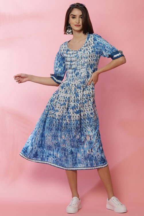 Blue A-Line Rayon Printed Dress image number 4