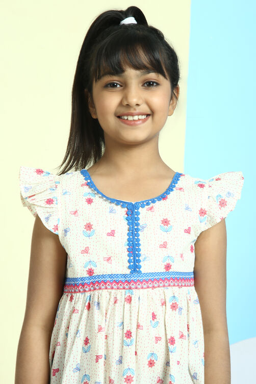 Cream Cotton A-Line Printed Dress image number 1