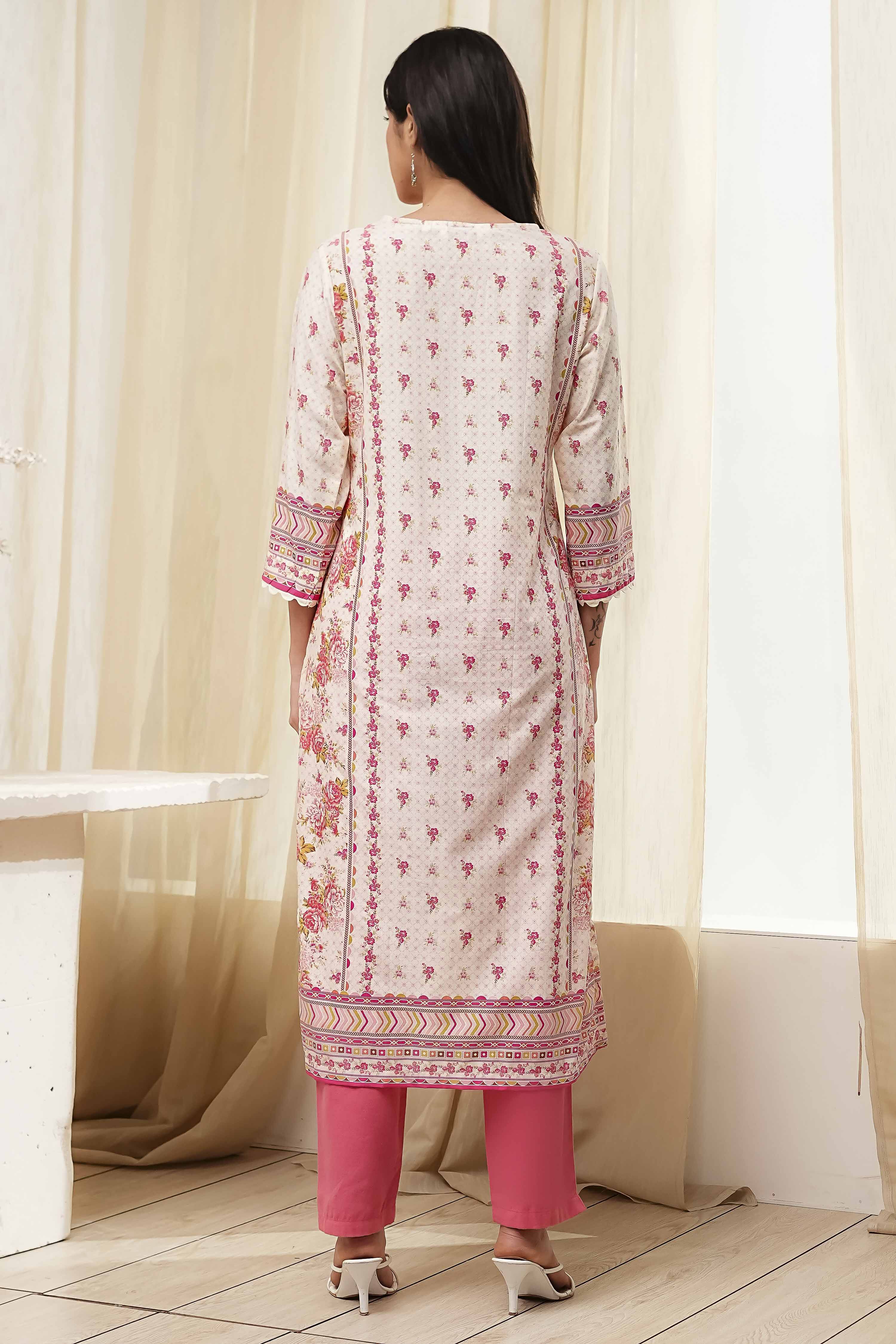 Pink Cotton Printed Straight Kurta image number 3