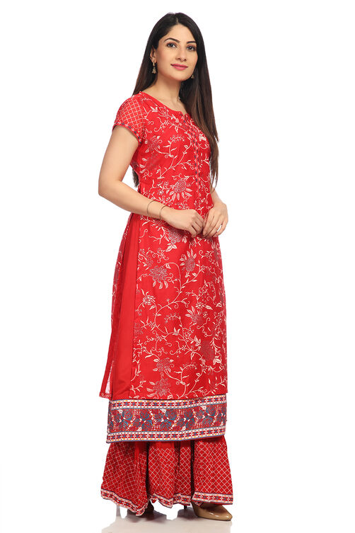 Red Poly Cotton A-Line Printed Kurta image number 2