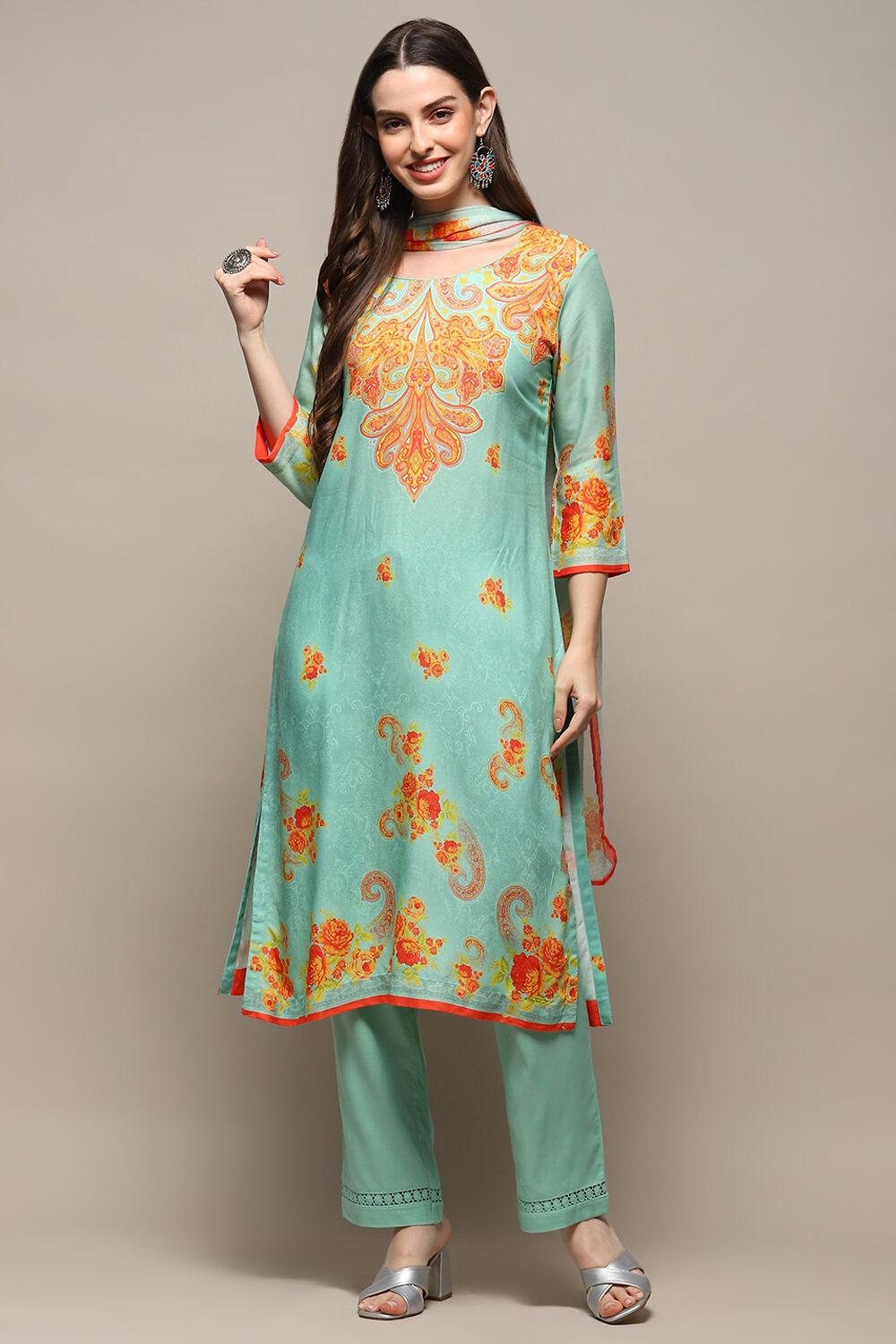 Sea Green Poly Chiffon Narrow Kurta Pant Suit Set image number 7