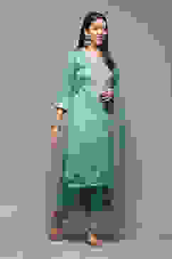 Sea Green Polyester Straight Kurta Salwar Suit Set image number 6