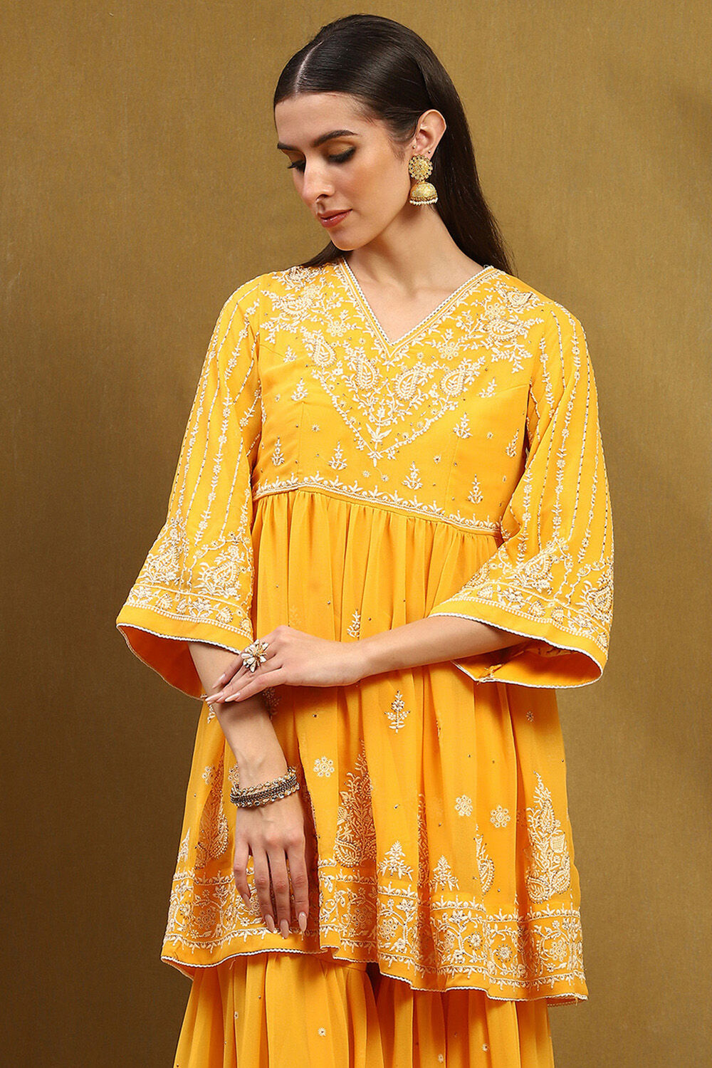 Yellow Georgette Gathered Suit Set image number 1