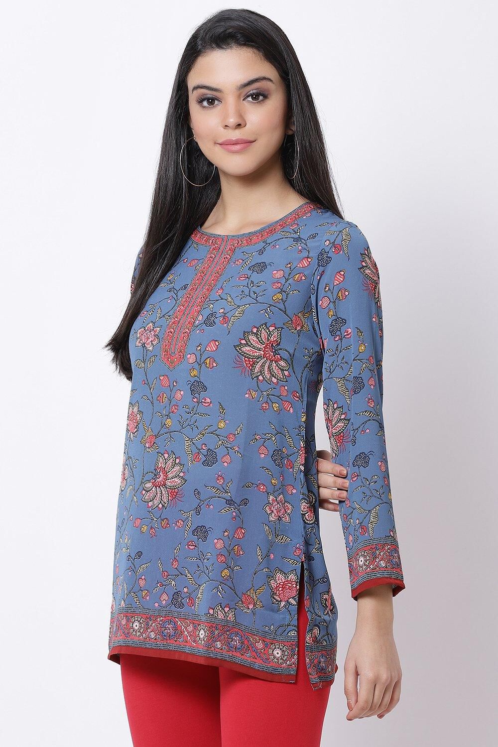 Blue Art Silk Straight Printed Kurti image number 2