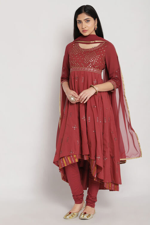 Plum Cotton Anarkali Kurta Churidar Suit Set image number 3