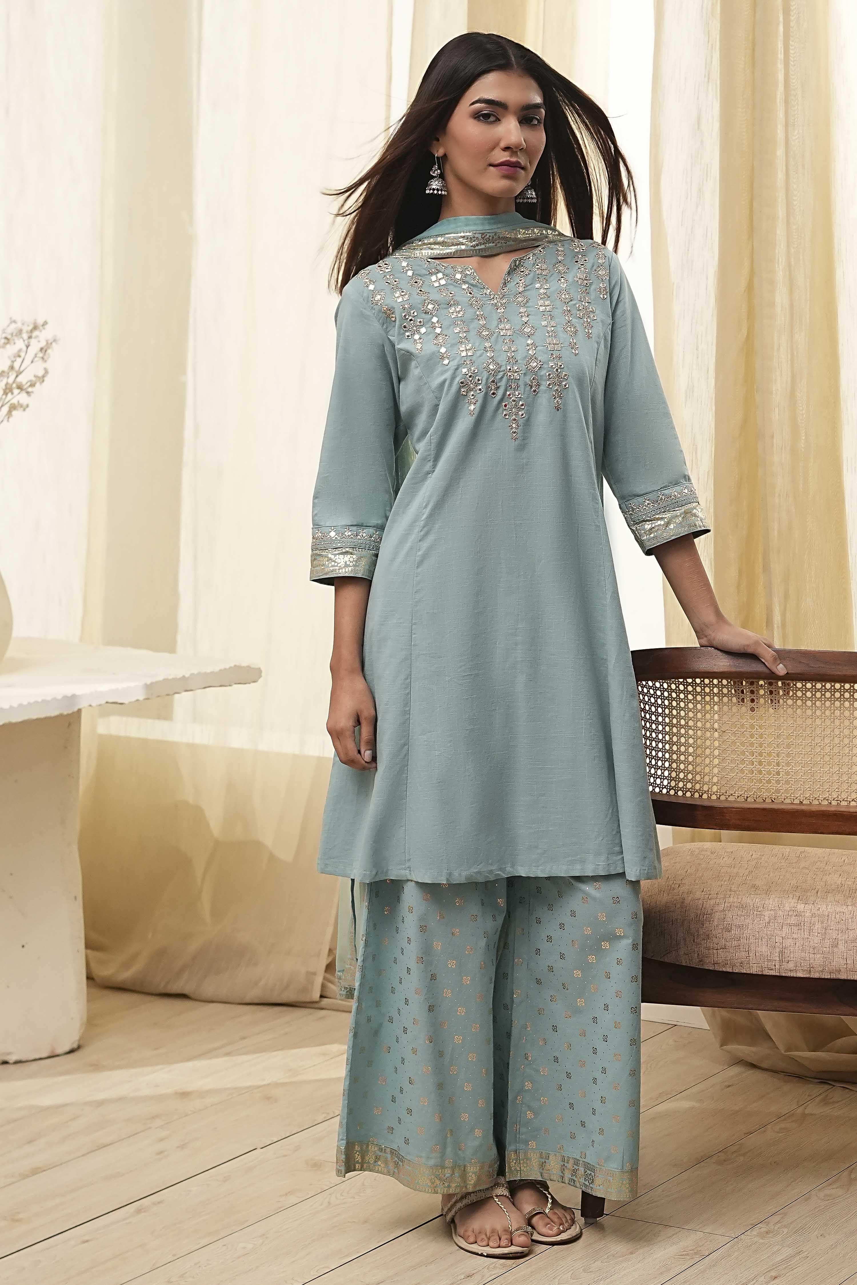 Dull Blue Cotton Embroidered Kalidar Suit Set image number 0