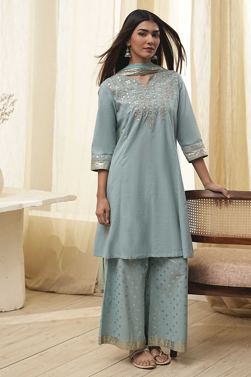 Dull Blue Cotton Embroidered Kalidar Suit Set image number 0