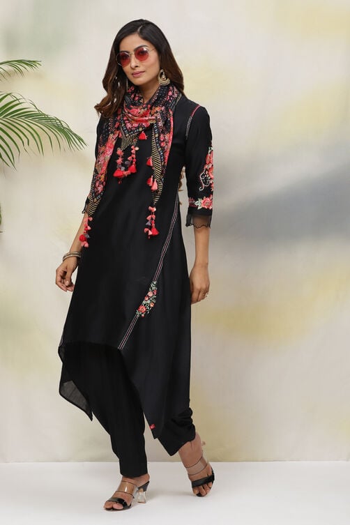 Black Cotton Silk Asymmetric Kurta Dhoti Salwar Suit Set image number 5