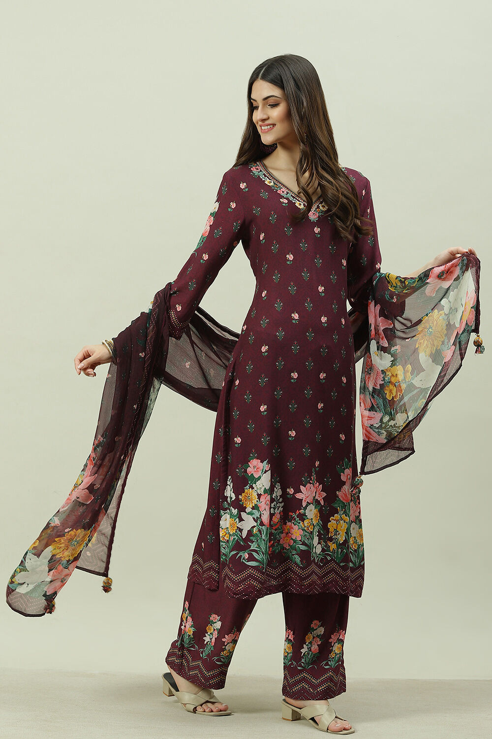 Black Rayon Printed Straight Pant Kurta Palazzo Suit Set image number 7