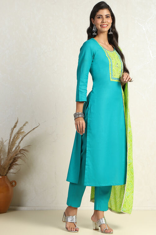Turquoise Cotton Dyeing Unstitched Suit Set image number 6