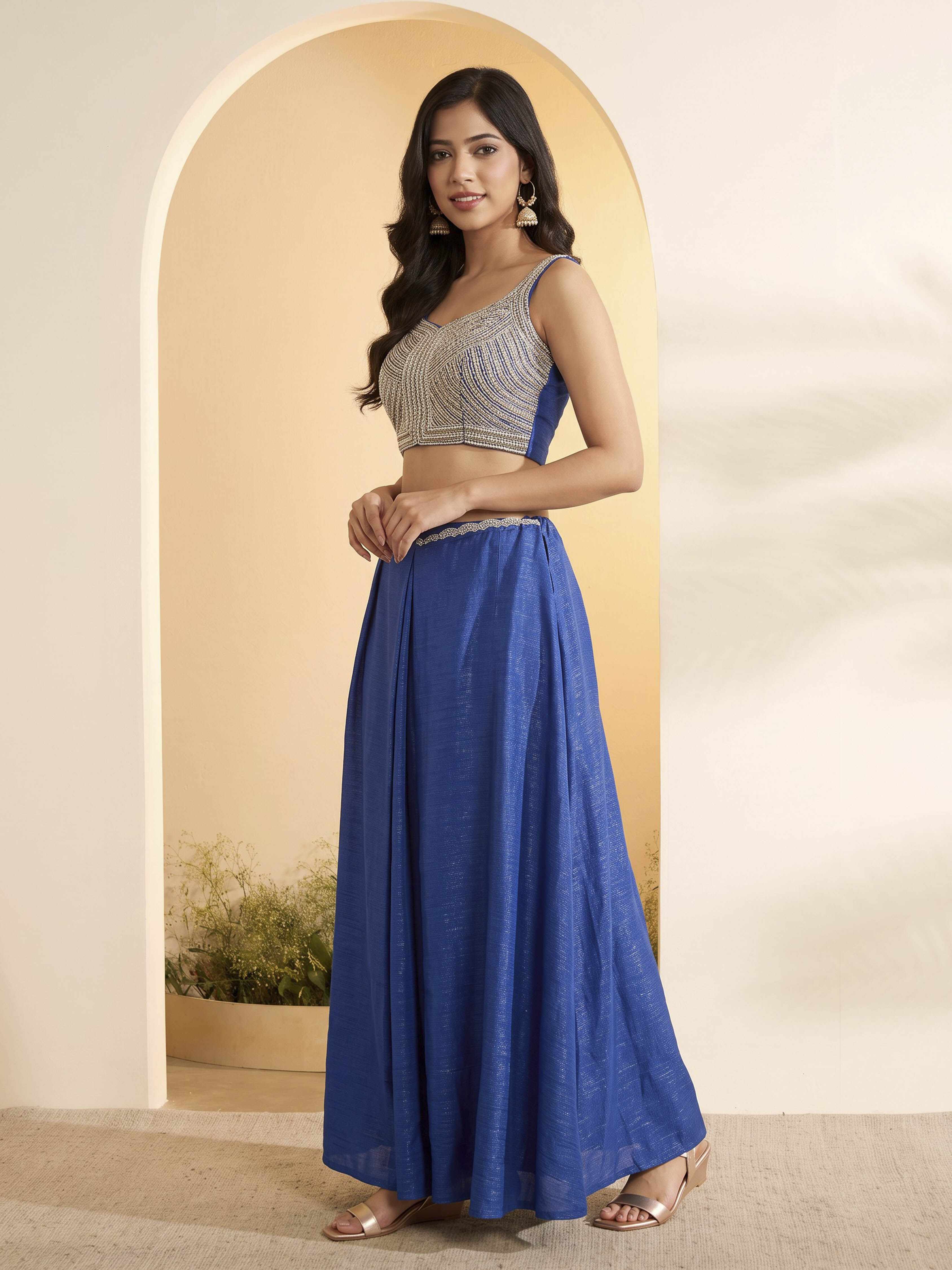 Cobalt Blue Poly Lurex Gathered Saree image number 3