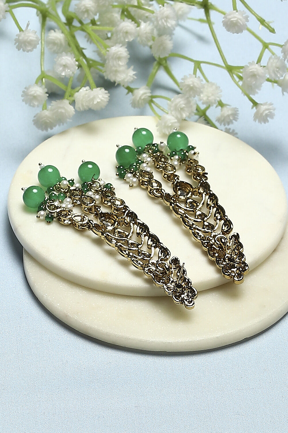 Green Kundan Festive Danglers image number 2