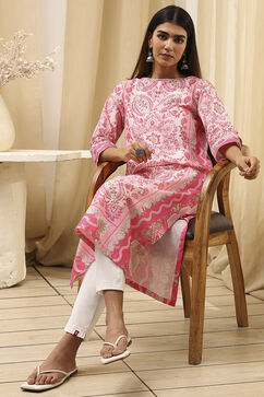 Pink Cotton Printed Straight Kurta image number 0