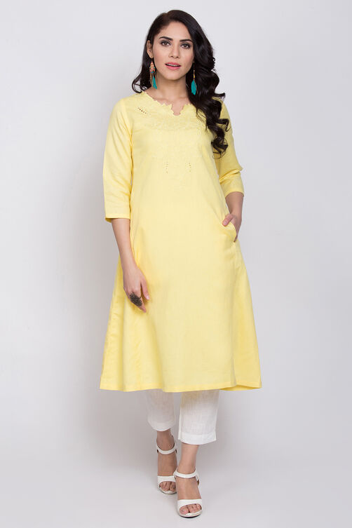 Lime Yellow Cotton Linen A-Line Yarndyed Kurta image number 0