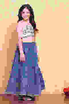 Blue-White Poly Chanderi Short Straight Lehenga Set image number 6