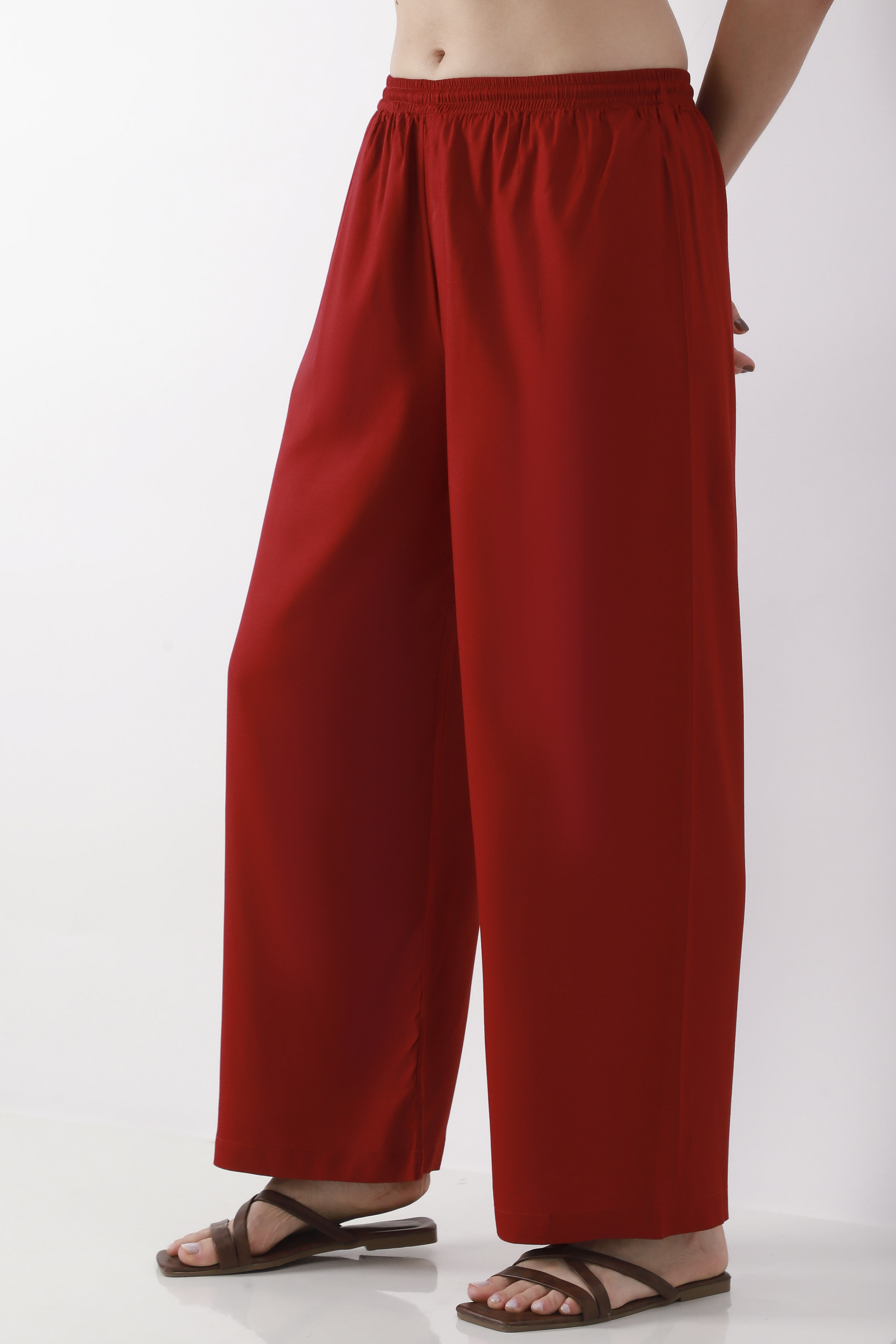 Maroon Solid Straight Palazzos image number 2