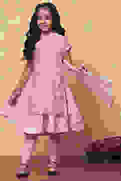 Pink Poly Chanderi Metallic Pattern Layered A-Line Suit Set image number 0