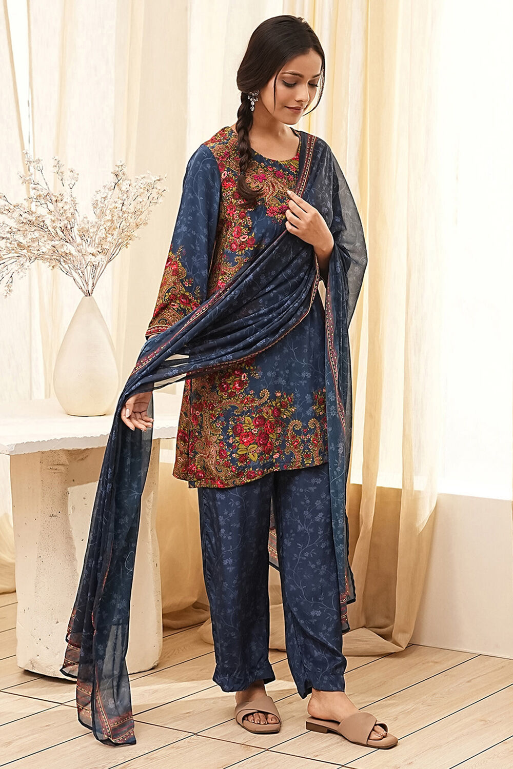 Blue Modal Printed Straight Suit Set image number 5