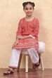 Orange and White Cotton Printed Straight Kurta Set image number 0