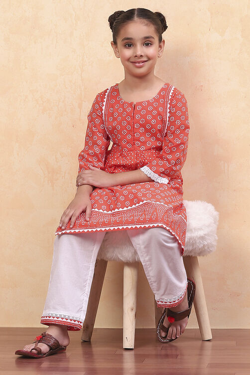 Orange and White Cotton Printed Straight Kurta Set image number 0