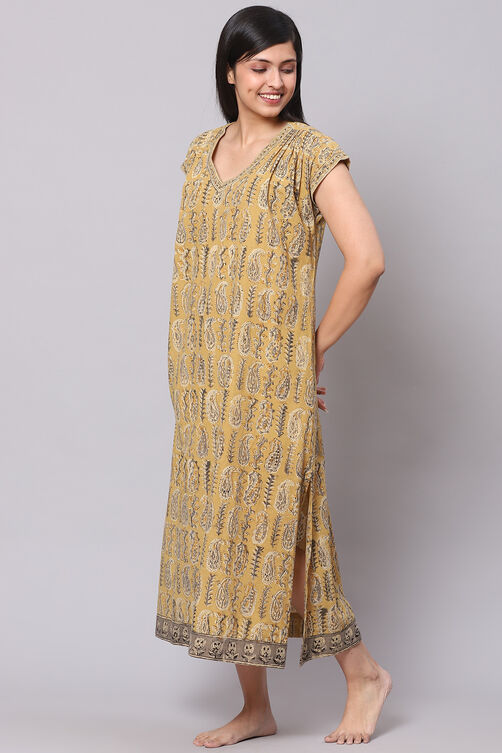 Mustard Straight Cotton Printed Sleepwear image number 2