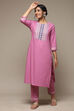 Pink Cotton Straight Kurta Pants Suit Set