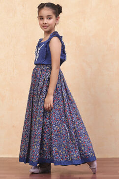 Blue Cotton Straight Printed Kurta Skirt Suit Set image number 3