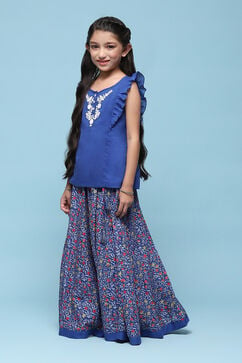 Blue Cotton Straight Printed Kurta Skirt Suit Set image number 3