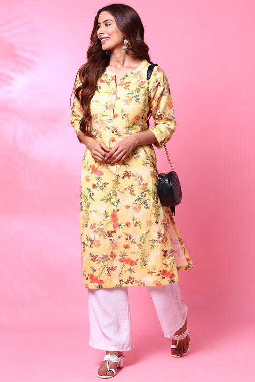 Yellow Cotton Linen Printed Kurta image number 4