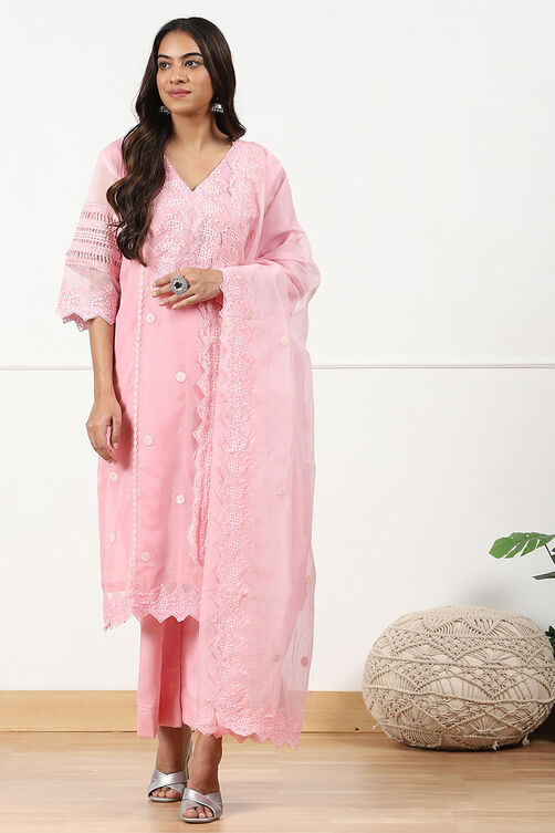Pink Lace Design Unstitched Suit Set image number 5