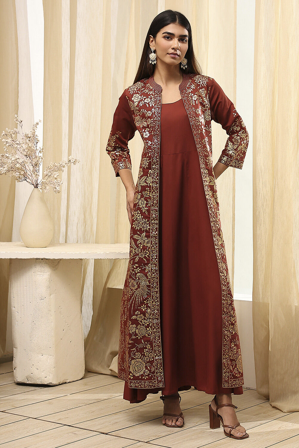 Earthy Brown Printed Layered Cape Dress image number 6