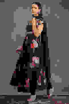 Rohit Bal Black Silk Chanderi Floral Printed Anarkali Suit Set image number 6