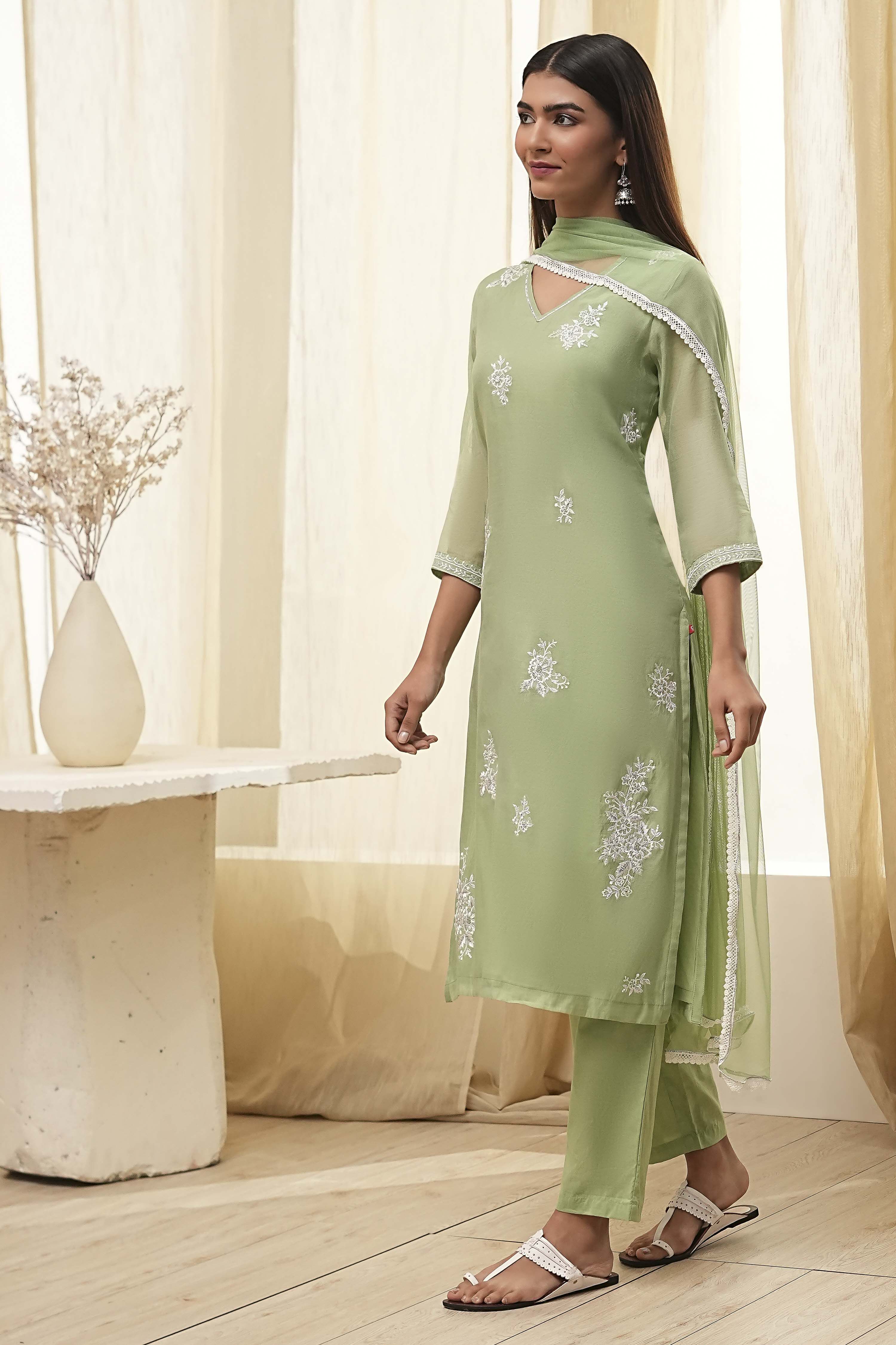 Aqua Embroidered Straight Suit Set image number 2