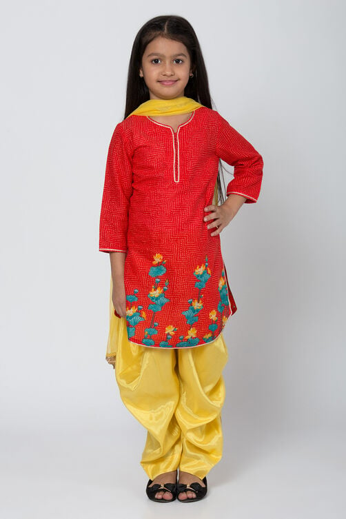 Red And Yellow Cotton Straight Kurta Dhoti Salwar Suit Set image number 0