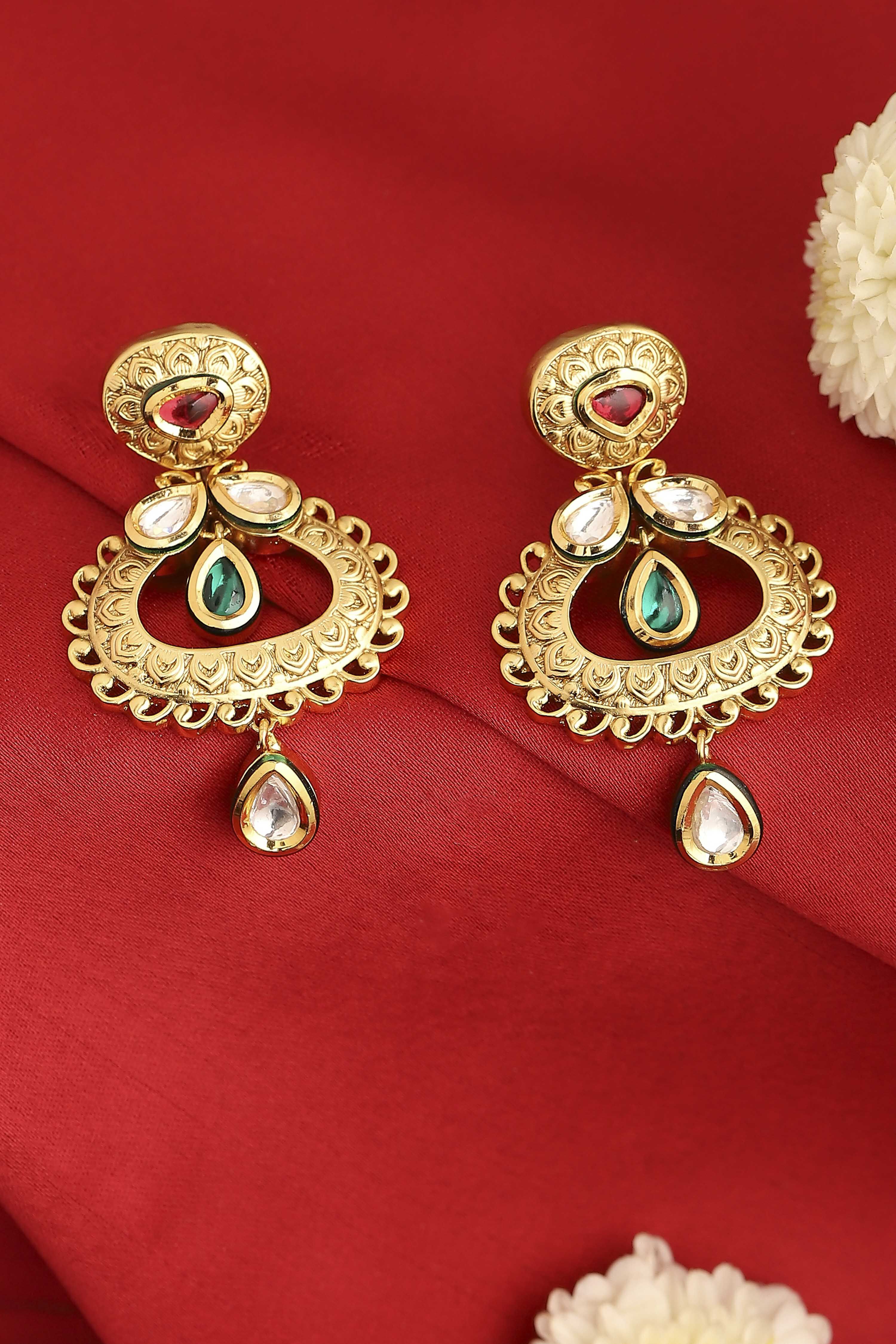 Red Brass Gold Plated Stone Studded Drop Earrings image number 0
